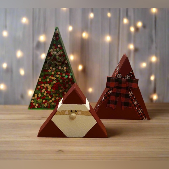 NEW Set of 3 Wood Holiday Centerpiece, Christmas Decor Trees Santa, Hand-Crafted - Picture 1 of 7